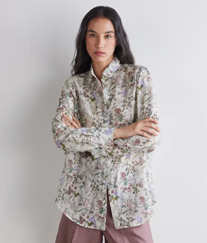 Camicia stampata in cotone seta con cristalli