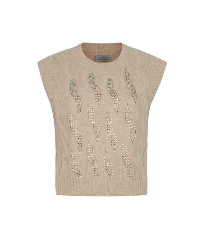 Gilet con trecce e strass in Cashmere Ultrasoft