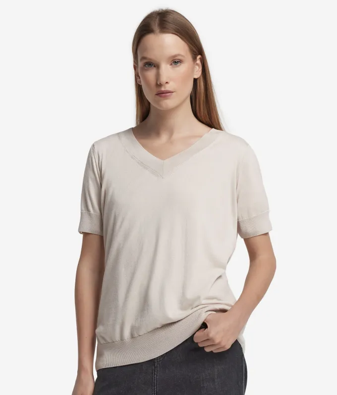 Maglia con Scollo a V a Maniche Corte in Seta Cotone