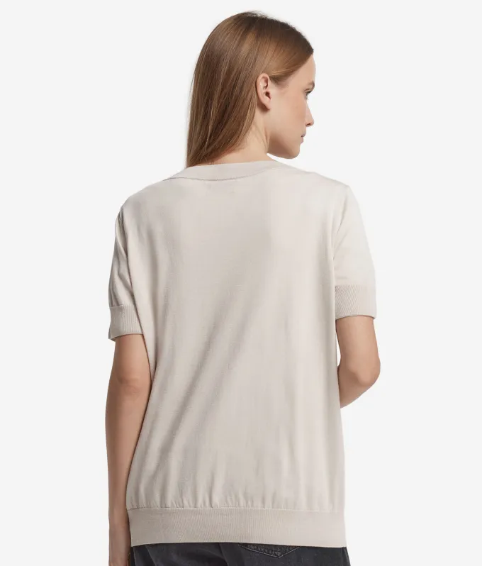 Maglia con Scollo a V a Maniche Corte in Seta Cotone