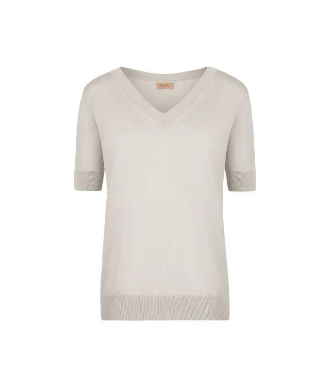 Maglia con Scollo a V a Maniche Corte in Seta Cotone