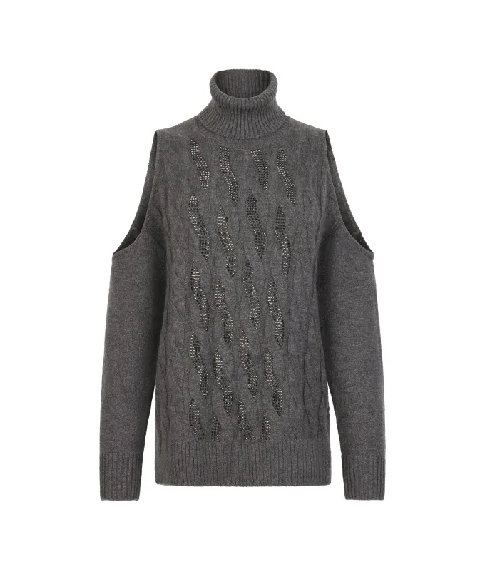 Maglia cut out con trecce e strass in Cashmere Ultrasoft