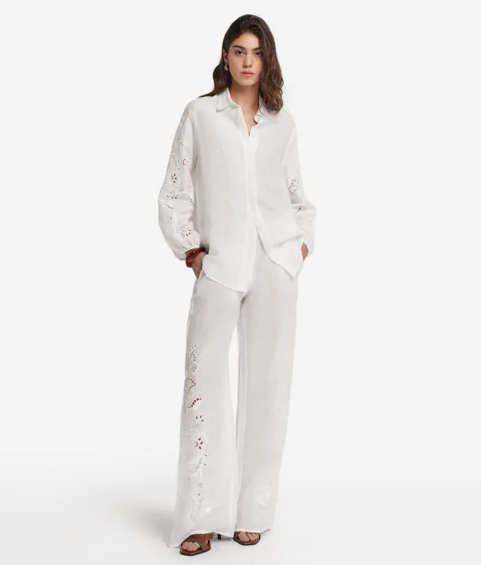 Pantalone ricamato in lino