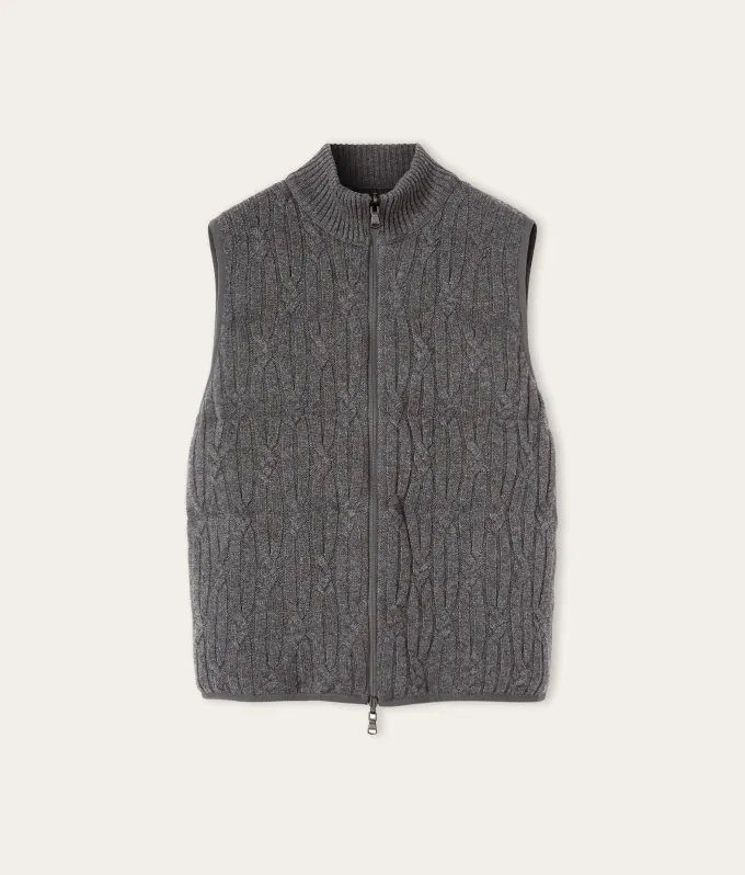 Piumino smanicato reversibile a coste intrecciate in cashmere