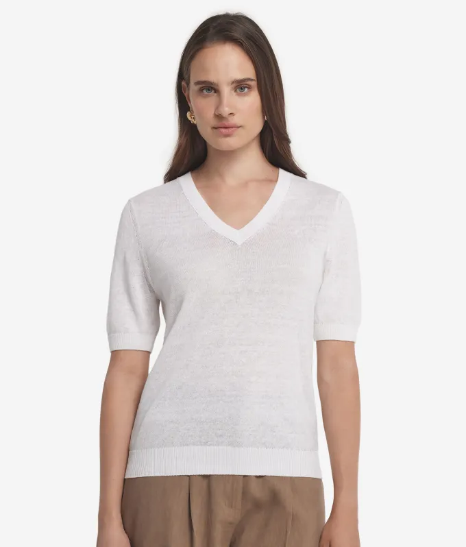 T-shirt con scollo a V in lino e cotone