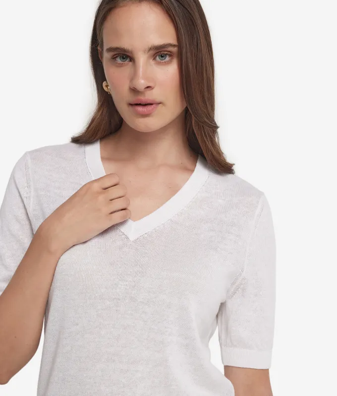 T-shirt con scollo a V in lino e cotone