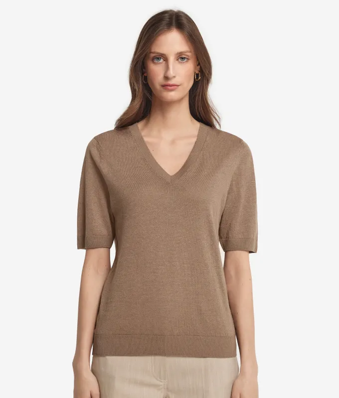 T-shirt con scollo a V in lino e cotone