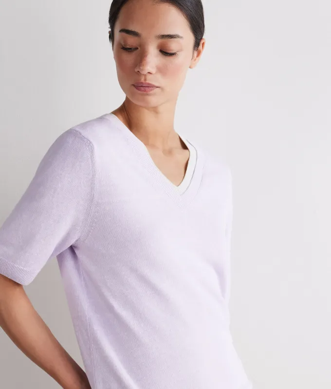 T-shirt con scollo a V in lino e cotone