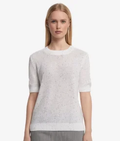 T-shirt girocollo con micro paillettes in lino cotone